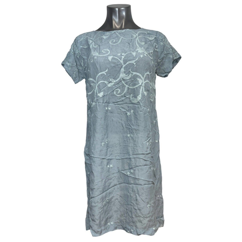 NWT Johnny Was Women's Shift Dress Solid Gray Embroidered Short Sleeve Small